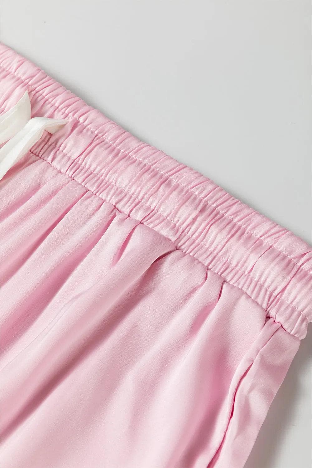 Loungewear & Sleepwear/Sleepwear Light Pink Satin Knot Accent Shirt and Ruffled Pants Lounge Set