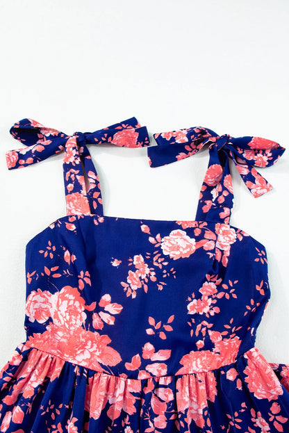 Blue Tie Shoulder Straps Tiered Floral Dress - Chic Meadow Boutique 