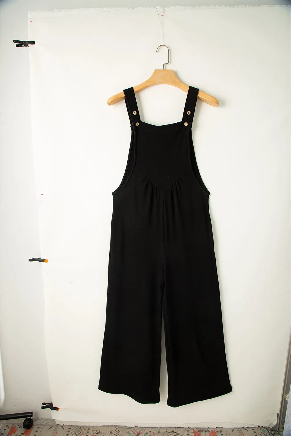 Black Textured Buttoned Straps Ruched Wide Leg Jumpsuit - Chic Meadow Boutique 