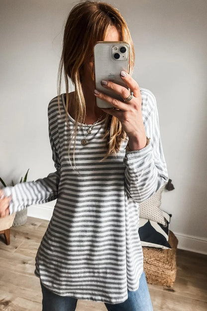 Tops/Long Sleeve Tops Gray Stripe Drop Sleeve Round Neck Oversized Long Sleeve Top