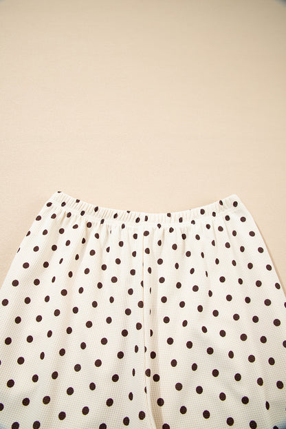White Polka Dot Print Notched Neck Long Sleeve Top Drawstring Jogger Pants Waffle Knit Lounge Set