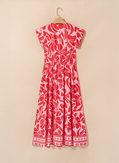 Red Boho Floral Short Sleeve V Neck Buttoned Shirred Waist Long Dress