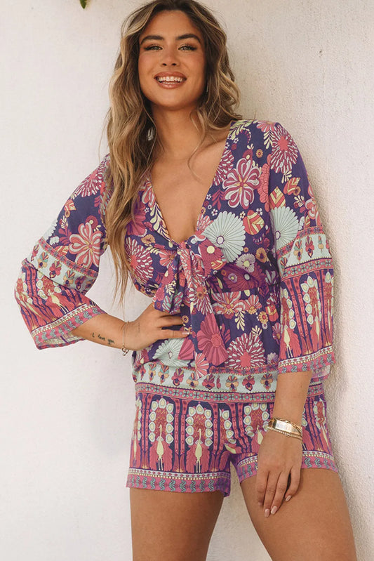 Purple Vintage Printed 3/4 Sleeves V Neck Romper - Chic Meadow Boutique 