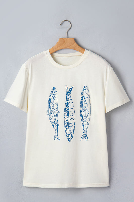White Fish Print Short Sleeve Round Neck T Shirt