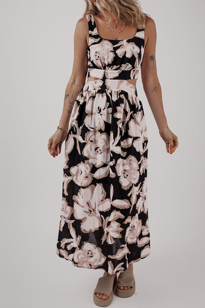 Black Floral Cutout Square Neck Knot Back Sleeveless Maxi Dress