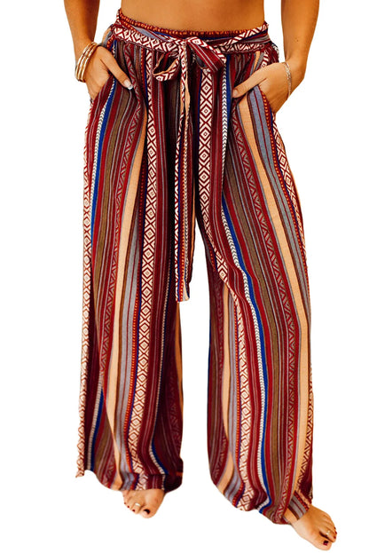 Red Boho Ethnic Striped Print Tie Waist Wide Leg Pants - Chic Meadow Boutique 