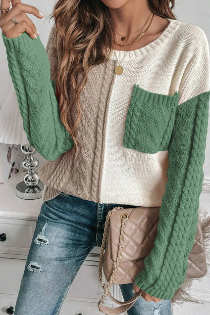 Vineyard Green Colorblock Patched Pocket Drop Shoulder Sweater - Chic Meadow Boutique 