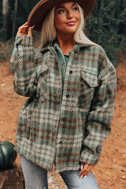 Mist Green Plaid Print Chest Pockets Turn Down Collar Shacket - Chic Meadow Boutique 