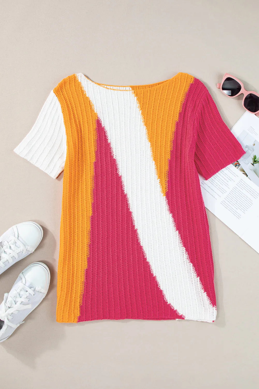 Tops/Short Sleeve Sweaters Orange Textured Knit Colorblock Short Sleeve Sweater