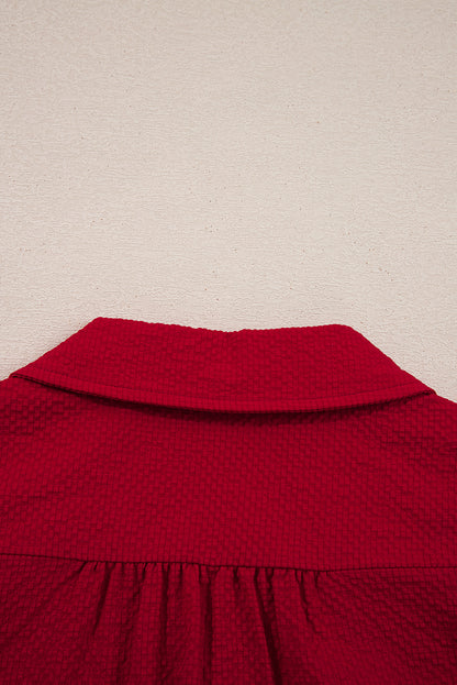 Fiery Red Collar V Neck Leopard Contrasted Trim Textured Blouse