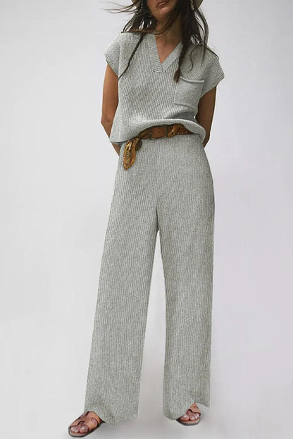 Two Piece Sets/Pant Sets Gray / S / 60%Cotton+40%Acrylic Gray Knitted V Neck Sweater and Casual Pants Set