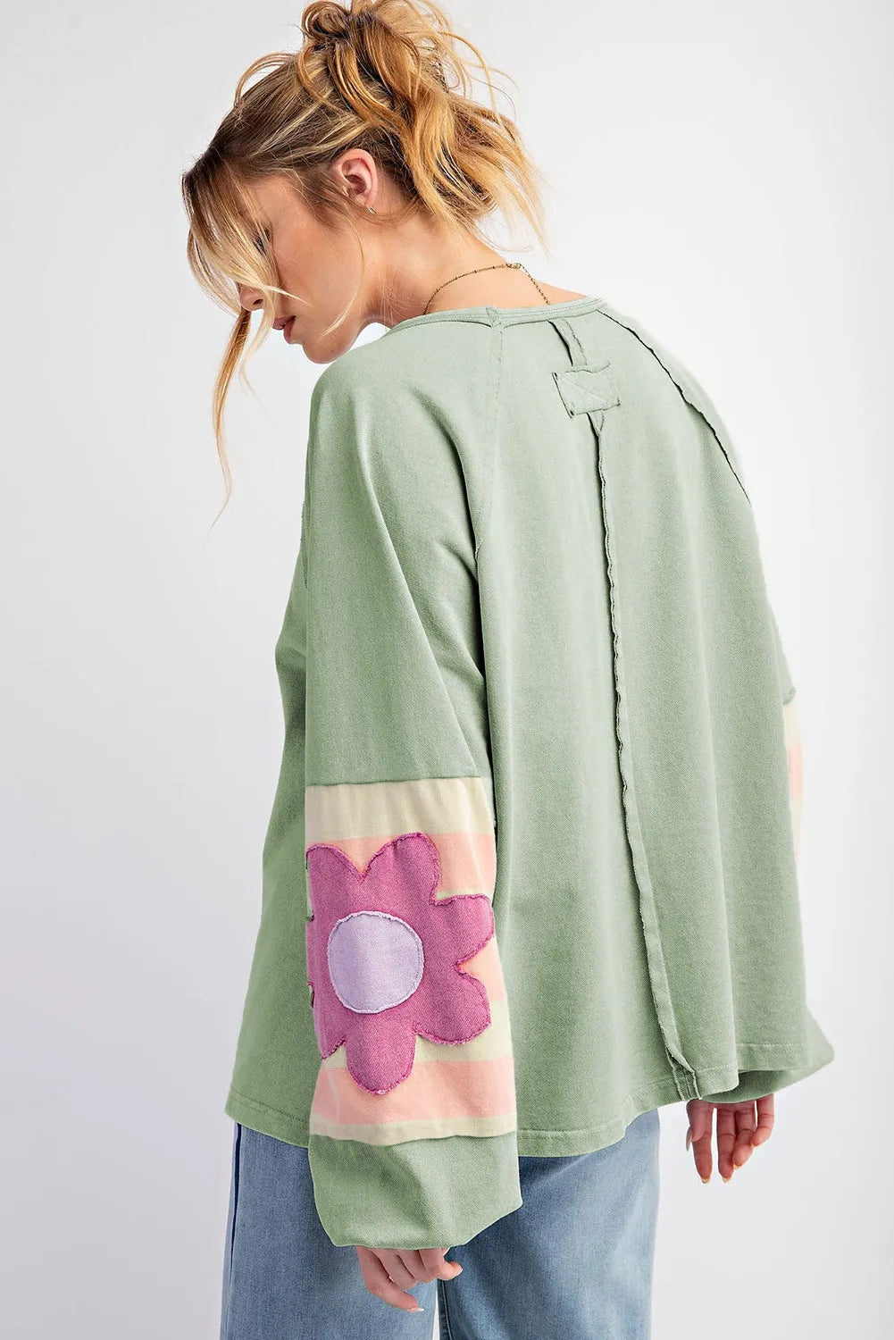 Smoke Green Flower Patchwork Raglan Sleeve Exposed Seam Oversized Top - Chic Meadow Boutique 