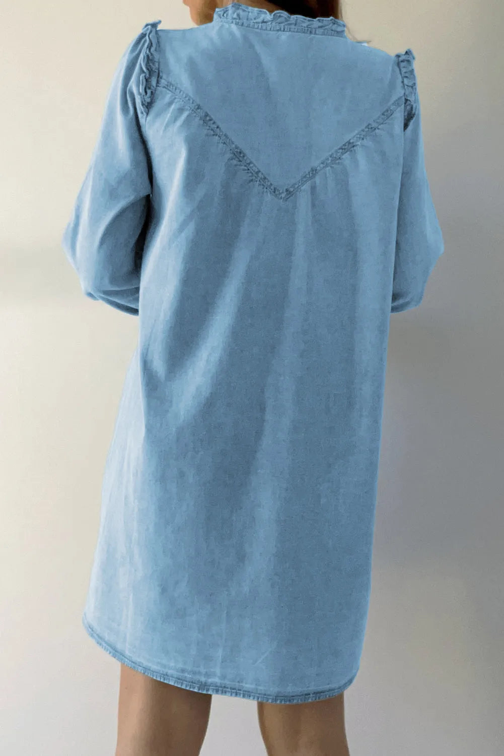 Myosotis Ruffled V Neck Buttoned Shift Denim Dress - Chic Meadow Boutique 