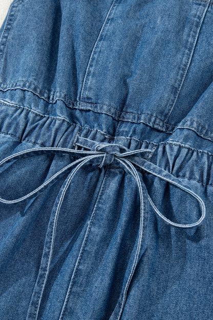 Sky Blue Buckle Straps Bib Style Drawstring Tied Backless Flared Denim Romper