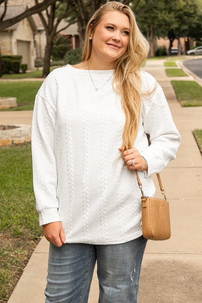 White Cable Textured Loose Plus Size Sweatshirt - Chic Meadow Boutique 