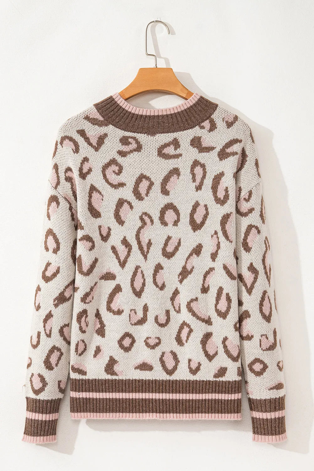 Brown Two-tone Ribbed Trim Contrast Leopard Sweater - Chic Meadow Boutique 