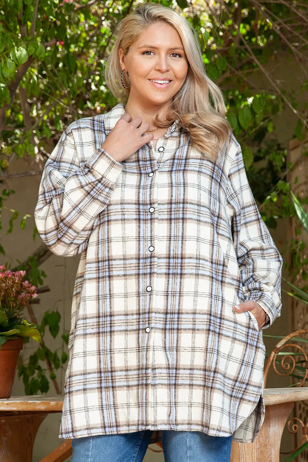 White Plaid Print Tunic Plus Size Shacket with Slits - Chic Meadow Boutique 