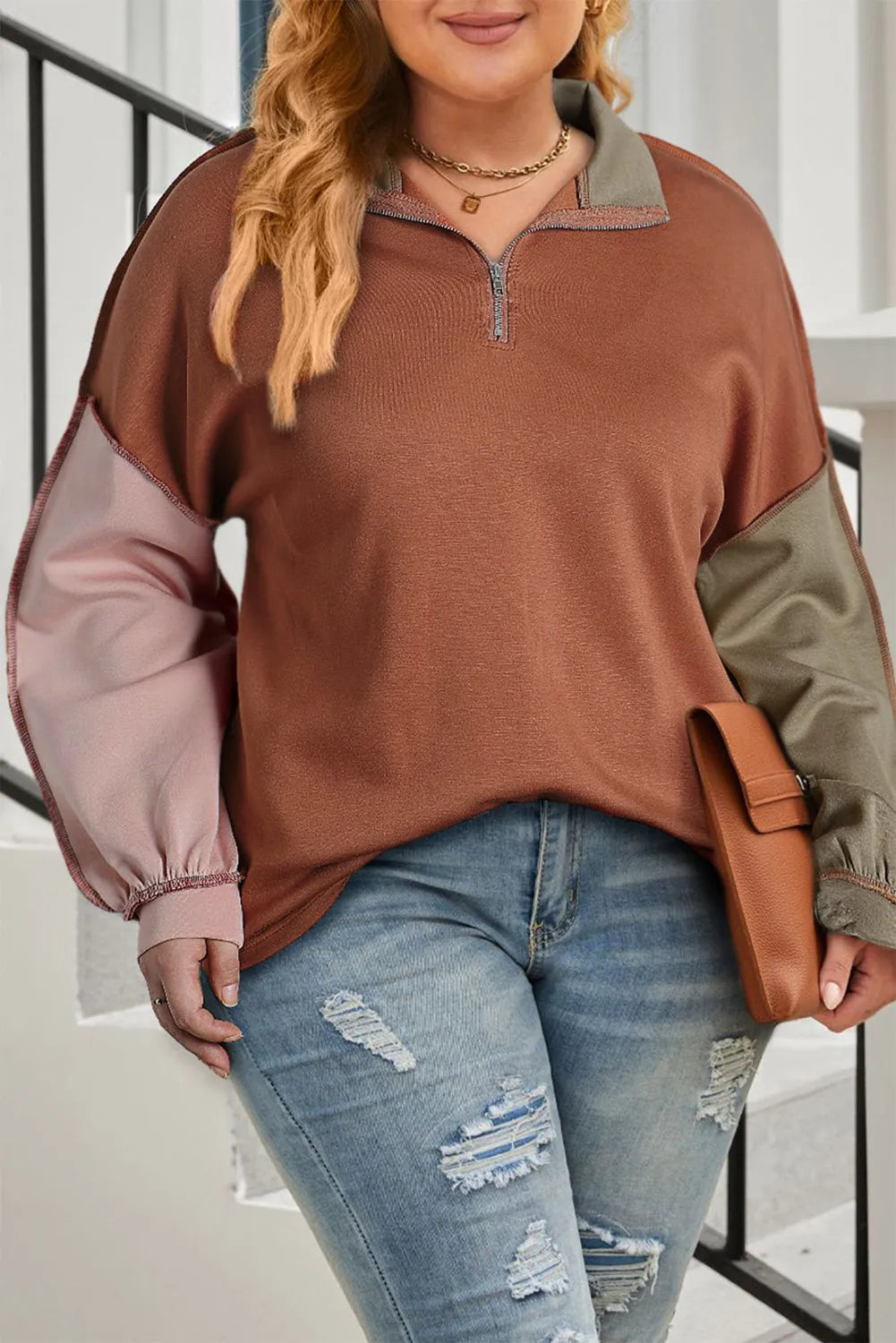 Gold Flame Plus Size Colorblock Exposed Seam Quarter Zip Sweatshirt - Chic Meadow Boutique 