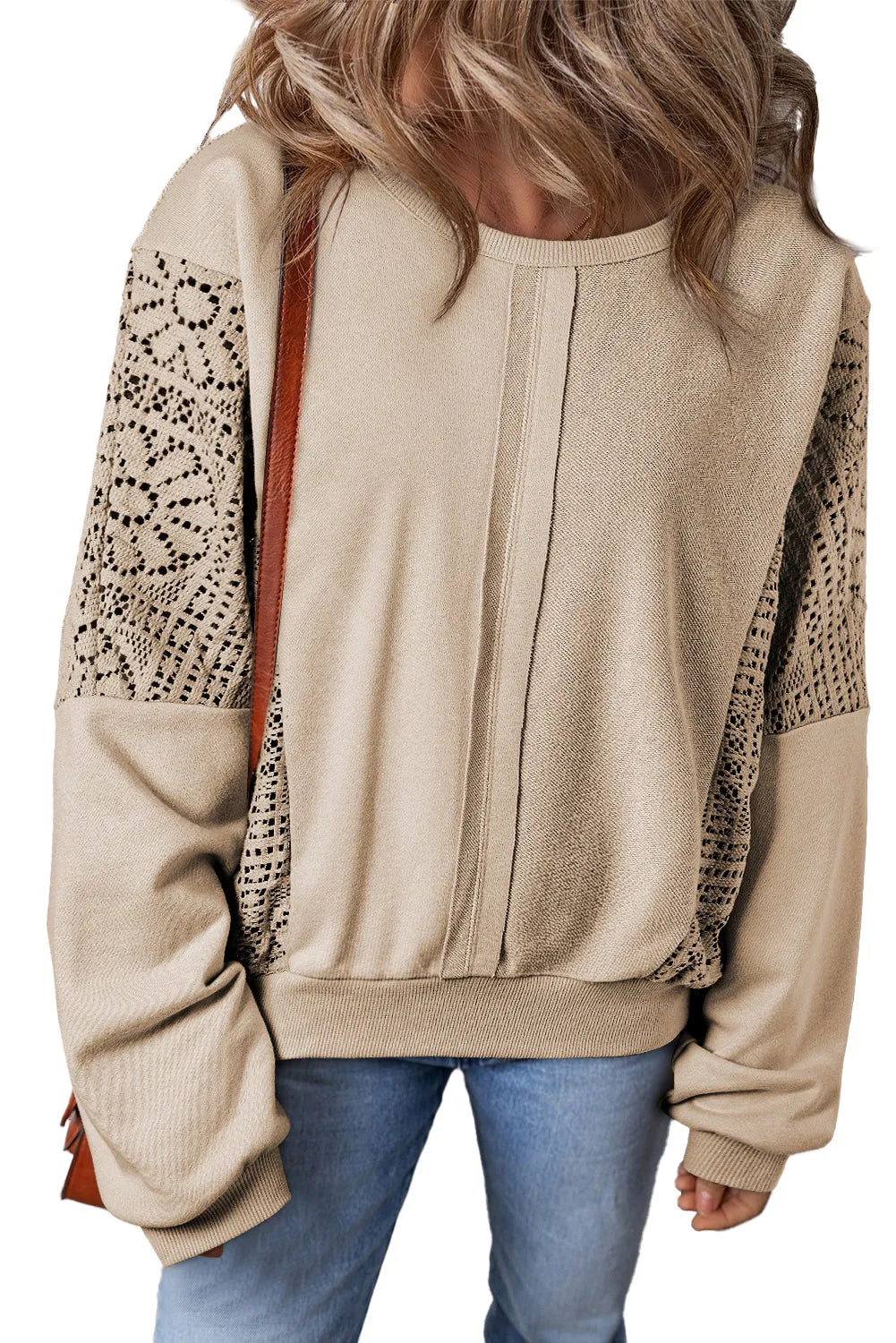 Parchment Knit Crochet Exposed Seam Ribbed Trim Sweatshirt - Chic Meadow Boutique 