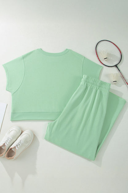 Clearly Aqua Solid Color Ribbed Trim Short Sleeve Top Drawstring Loose Pants 2pcs Outfit