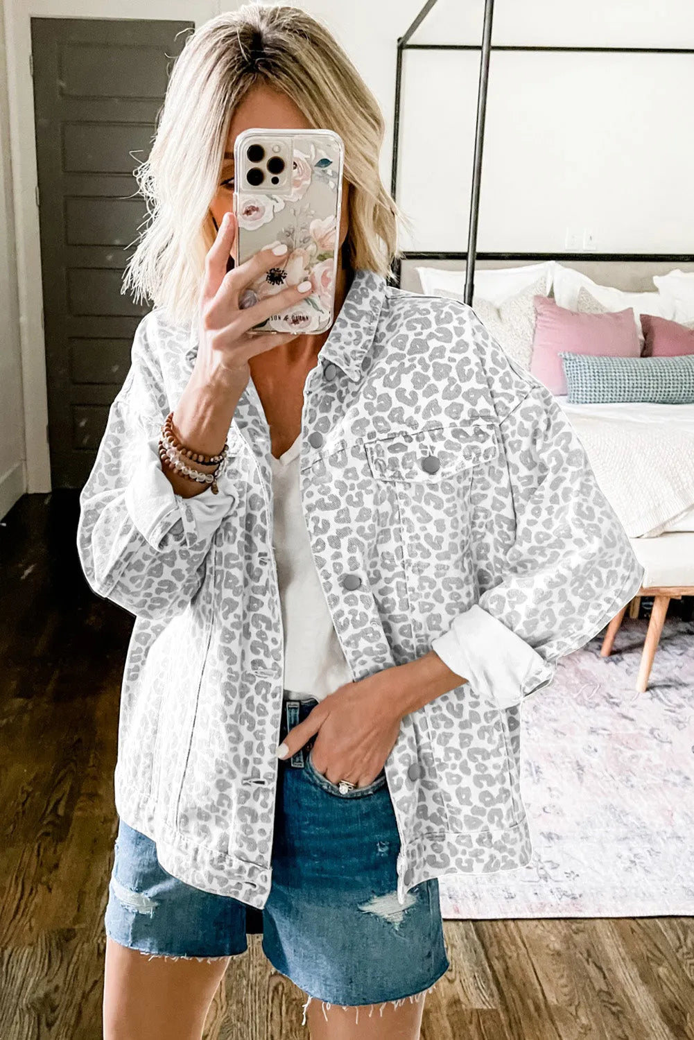 White Leopard Printed Flap Pocket Denim Jacket - Chic Meadow Boutique 