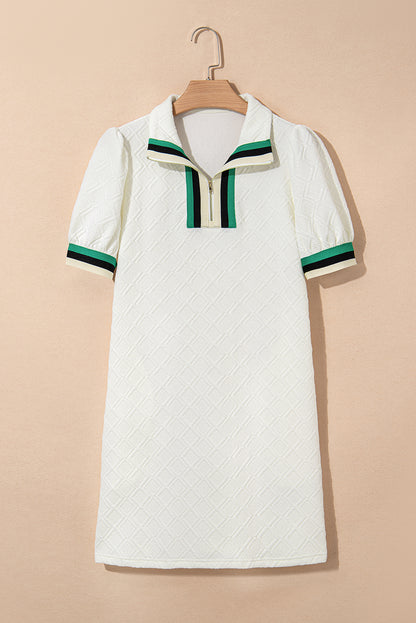 White Textured Jacquard Colorblock Edge Puff Sleeve Quarter Zip Mini Dress