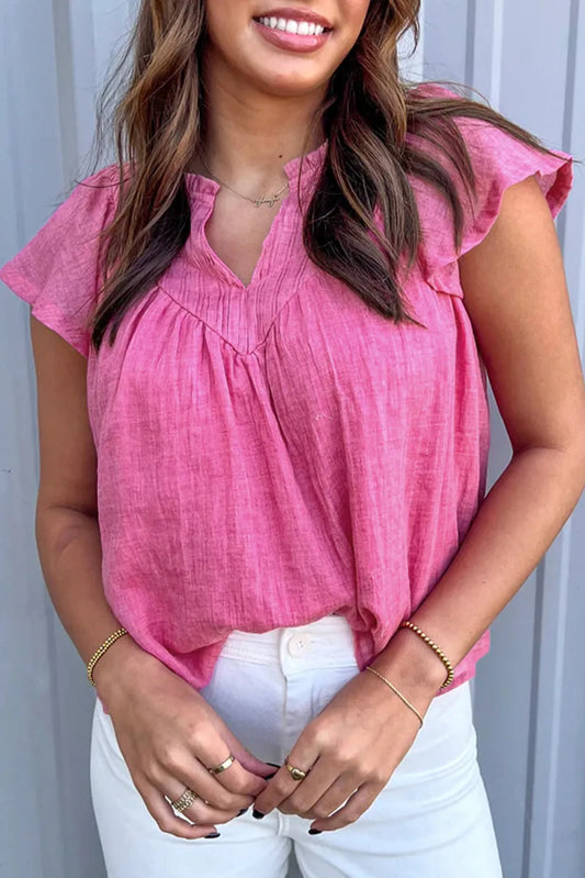 Bright Pink Textured Split Neck Patchwork Flutter Gauze Blouse - Chic Meadow Boutique 