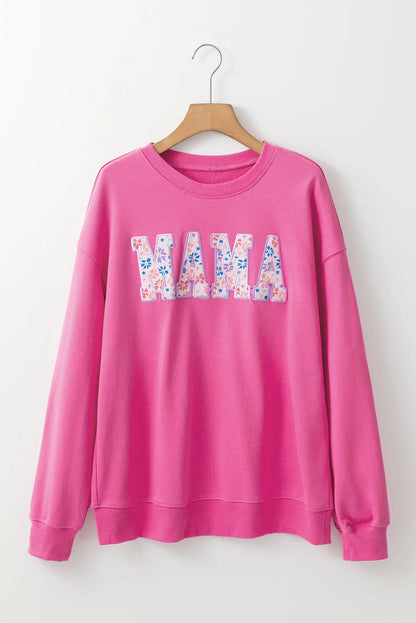 Rose Red Floral MAMA Embroidered Graphic Pullover Sweatshirt - Chic Meadow Boutique 