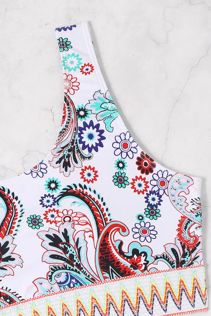 White Boho Paisley Contrast Trimmed One-shoulder Bikini - Chic Meadow Boutique 