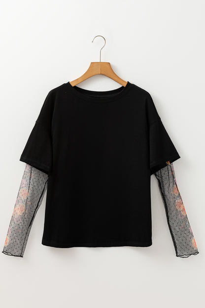 Black Faux Two Piece Floral Long Sleeve Patchwork Tee