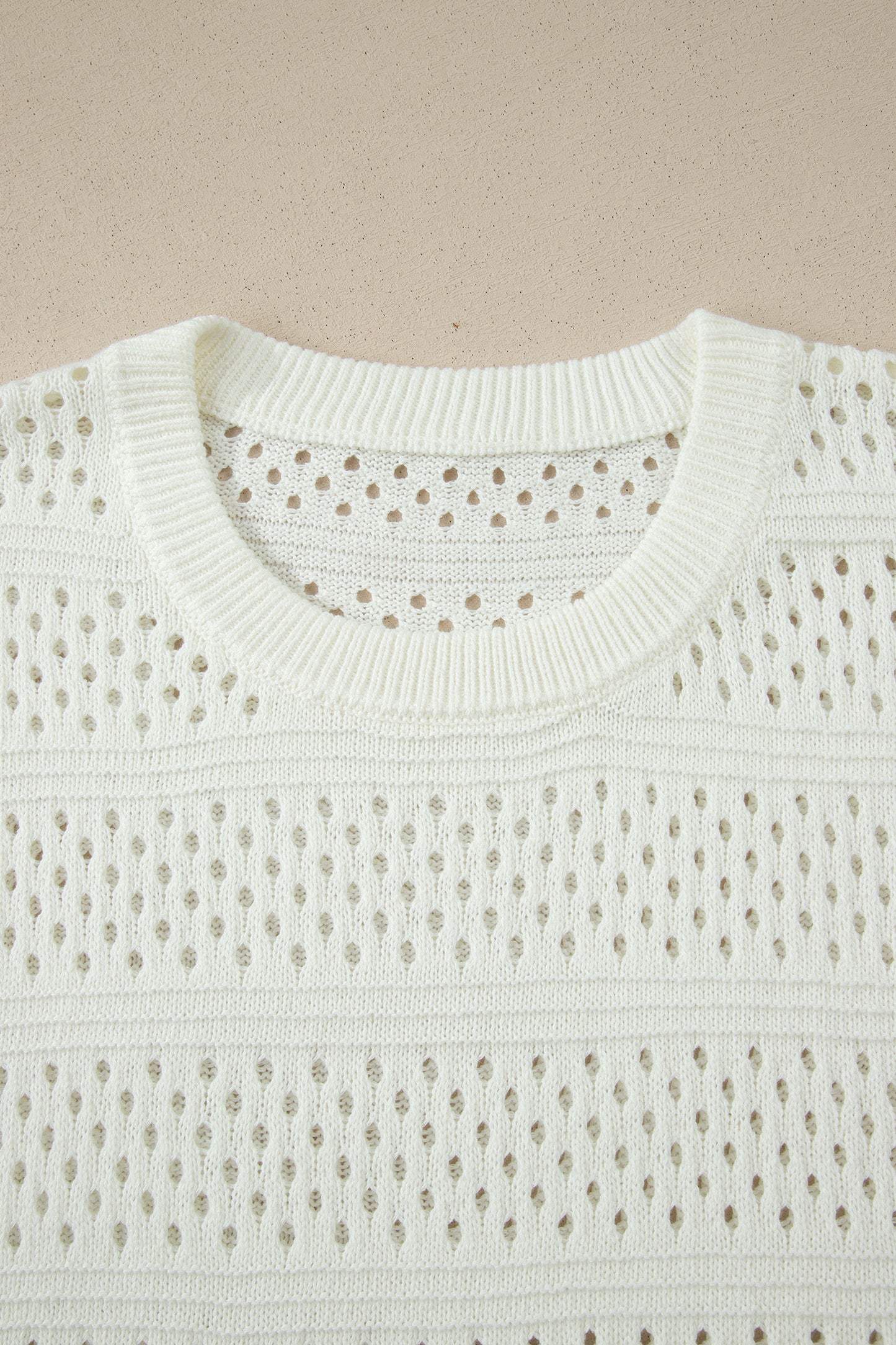 White Plus Size Eyelet Hollow Out Knit Ribbed Trim Short Sleeve Dolman Sweater