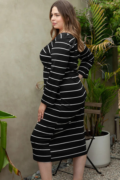 Black Plus Size Striped Loose Long Shift Dress - Chic Meadow Boutique 