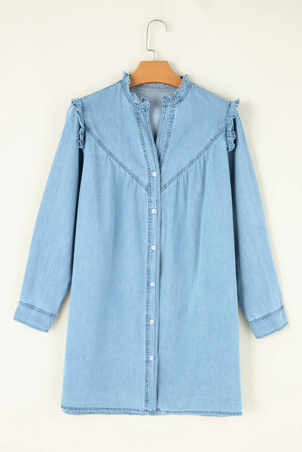 Myosotis Ruffled V Neck Buttoned Shift Denim Dress - Chic Meadow Boutique 