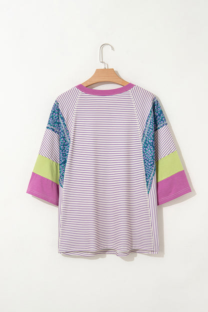 Purple Stripe Floral Color Block Raw Edge Patchwork Bracelet Sleeve Blouse