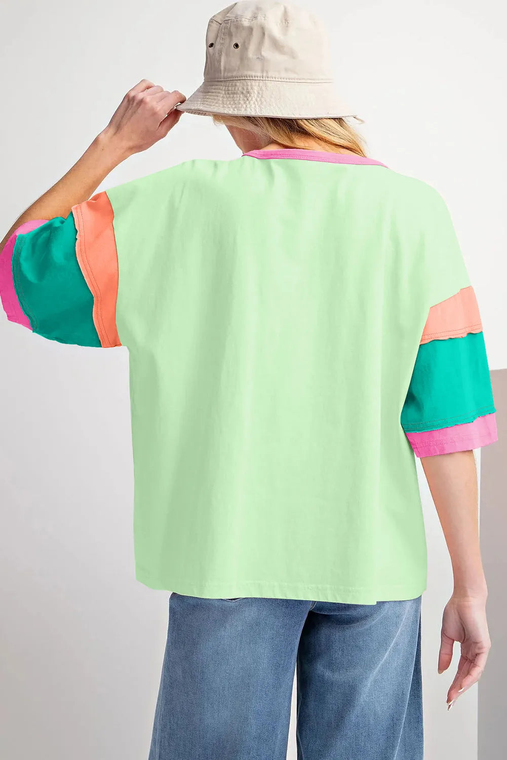 Green Color Block Stitching Sleeve Round Neck Oversize Top - Chic Meadow Boutique 