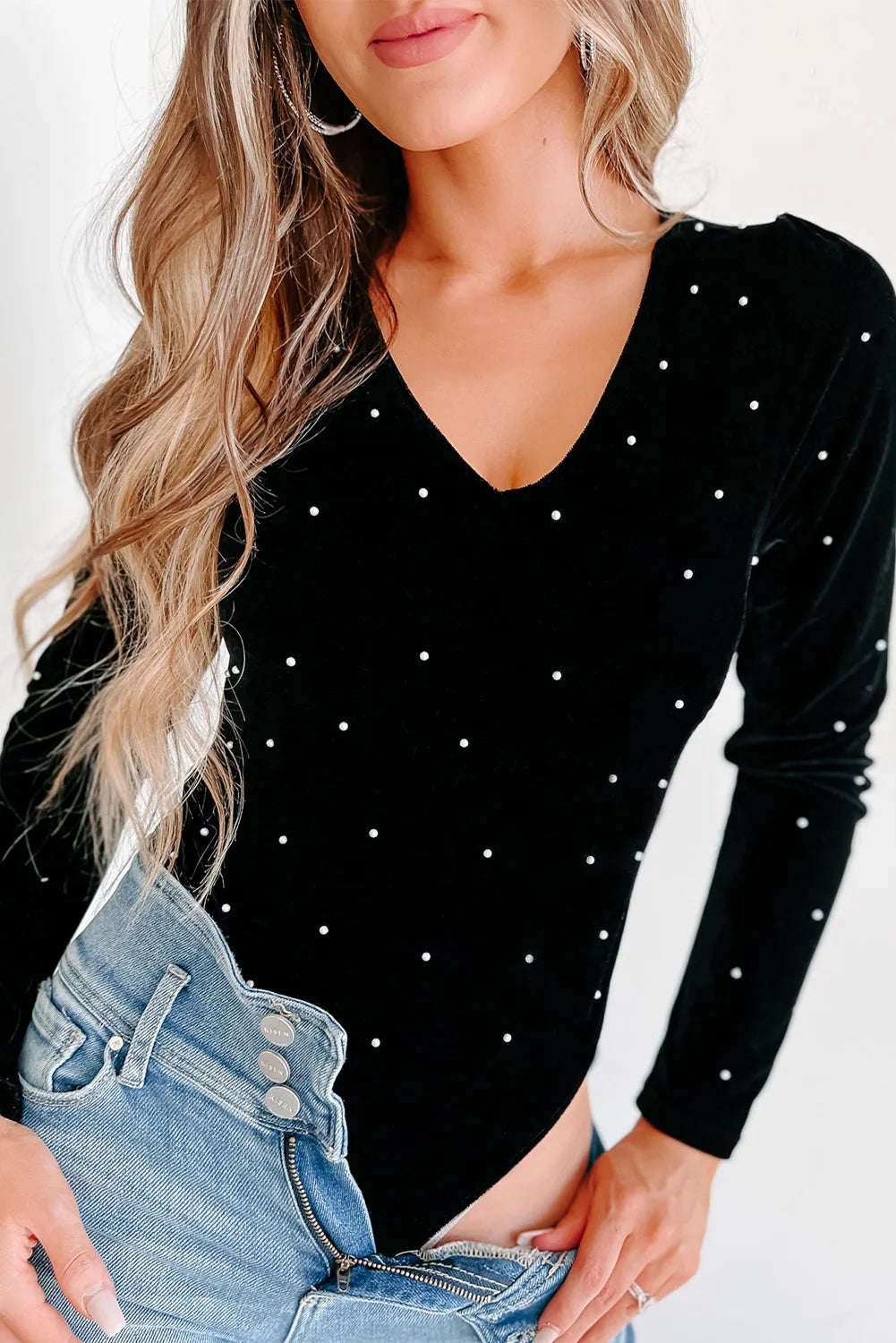 Black Velvet Beaded Long Sleeve V Neck Bodysuit - Chic Meadow Boutique 