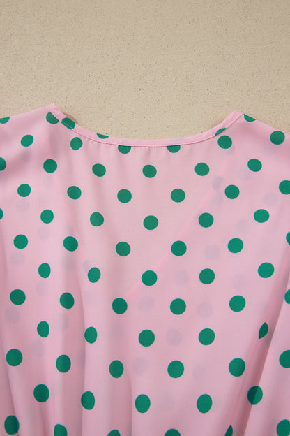 Pink V Neck Polka Dot Print Drawstring Tiered Babydoll Blouse