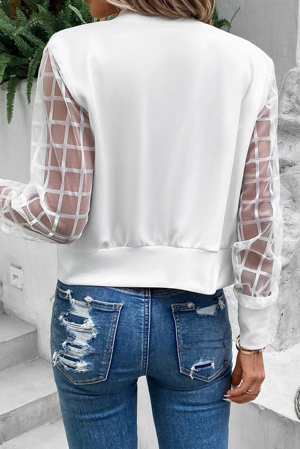 White Latticed Mesh Sleeve Zip Up Bomber Jacket - Chic Meadow Boutique 