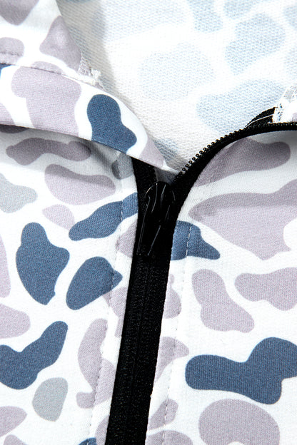 Multicolour Plus Camouflage Print Quarter Zip Kangaroo Pocket Pullover Sweatshirt