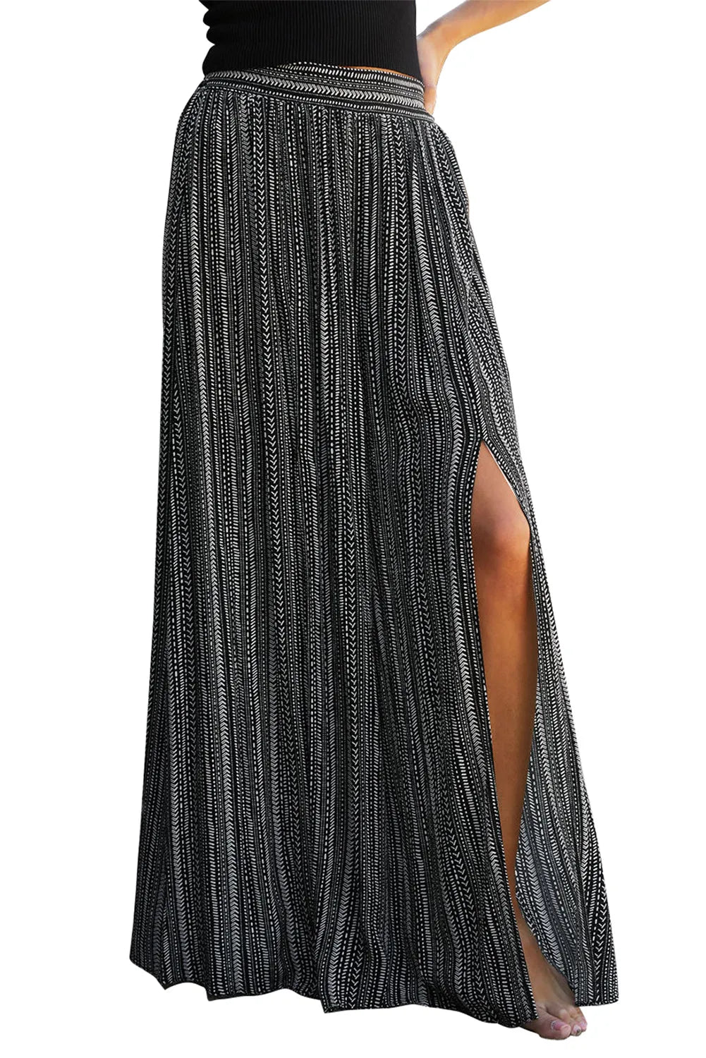 Black Printed Striped Printed Slit Wide Leg High Waist Pants - Chic Meadow Boutique 