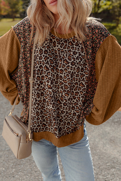 Brown Leopard Floral Print Ribbed Puff Sleeve Patchwork Loose Pullover