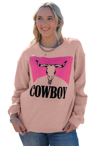 Pink Steer Head Cowboy Print Corded Pullover Sweatshirt - Chic Meadow Boutique 