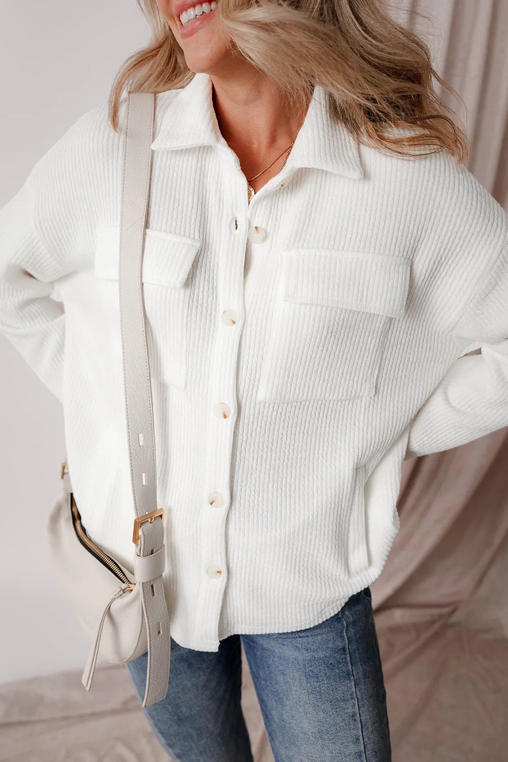 White Solid Color Corduroy Buttoned Long Sleeve Jacket - Chic Meadow Boutique 