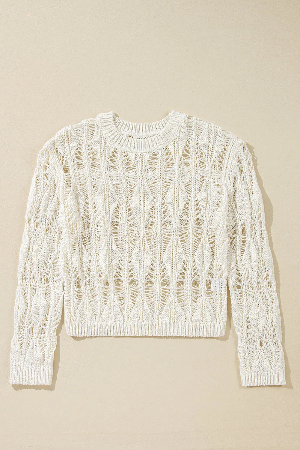 White Cut Out Crochet Crew Neck Loose Fit Sweater - Chic Meadow Boutique 