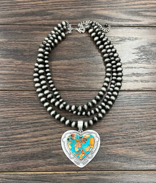 737065, Handmade 18" Navajo Heart Gemstone Necklace
