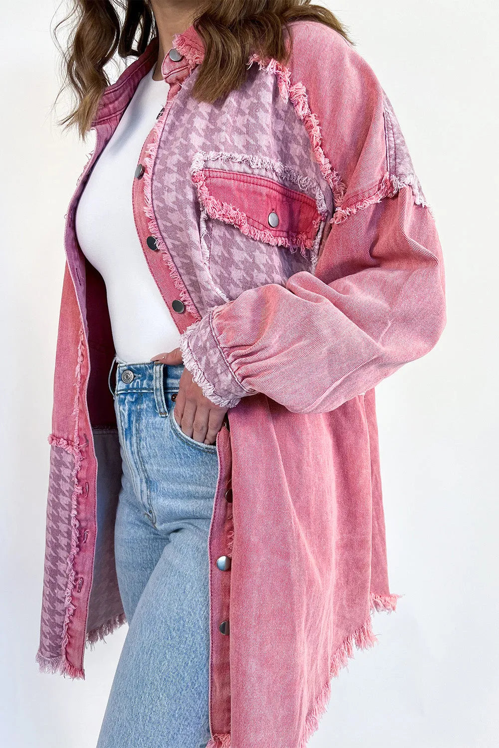 Pink Retro Distressed Houndstooth Patchwork Denim Jacket - Chic Meadow Boutique 