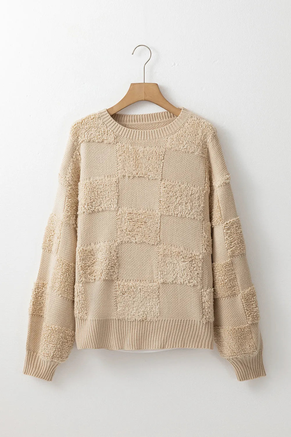 Parchment Checkered Sherpa Crew Neck Loose Sweater - Chic Meadow Boutique 