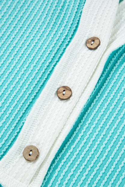 Turquoise Corded Colorblock Buttons Henley T Shirt