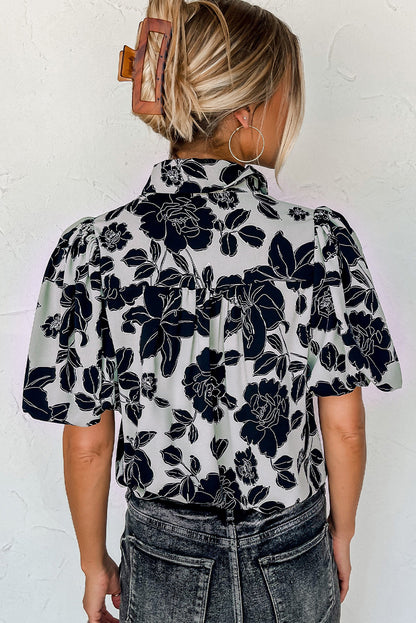 Black Floral Bubble Sleeve Casual Shirt