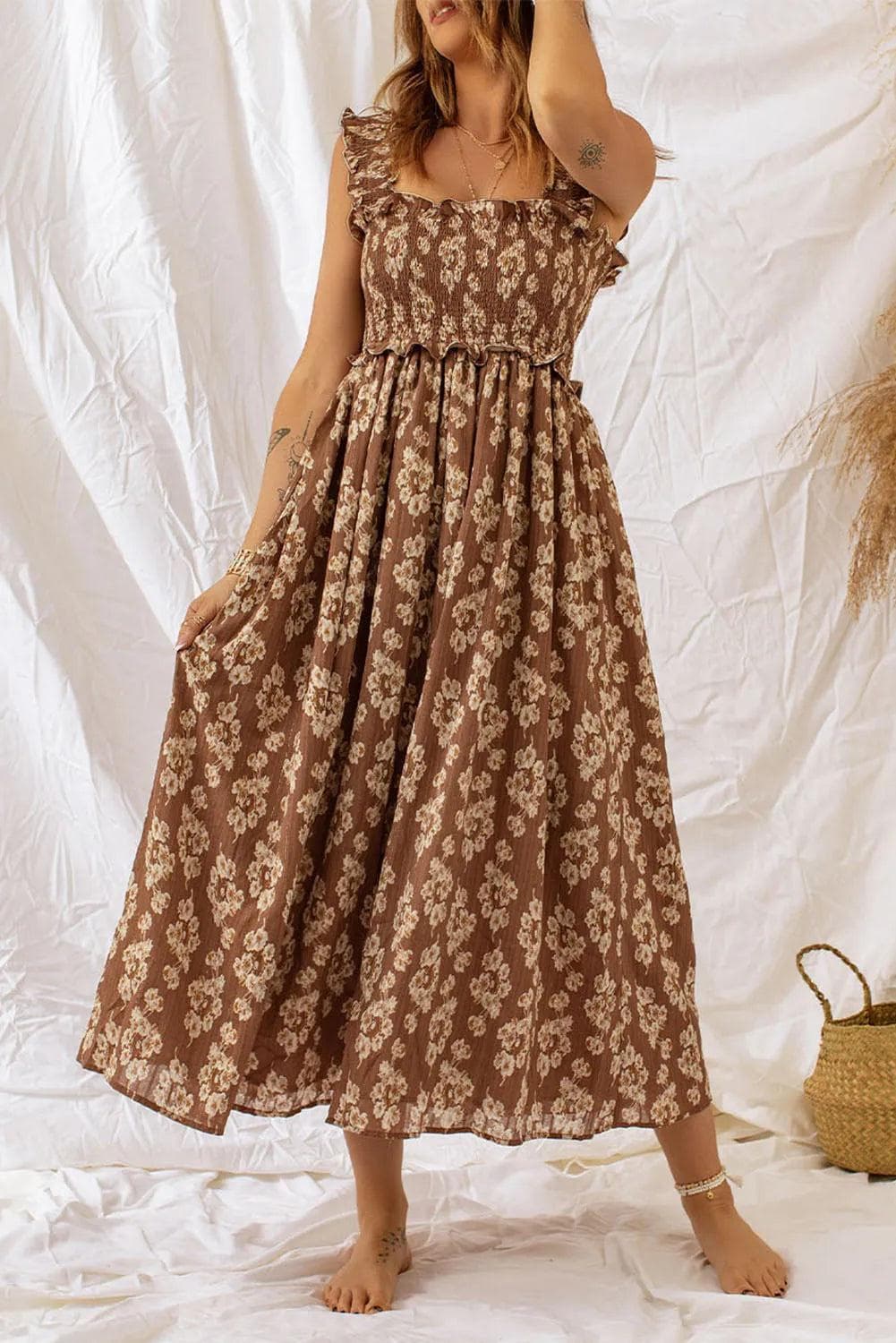 Dresses/Floral Dresses Brown / S / 100%Polyester Brown Ruffled Straps Smocked Floral Maxi Dress